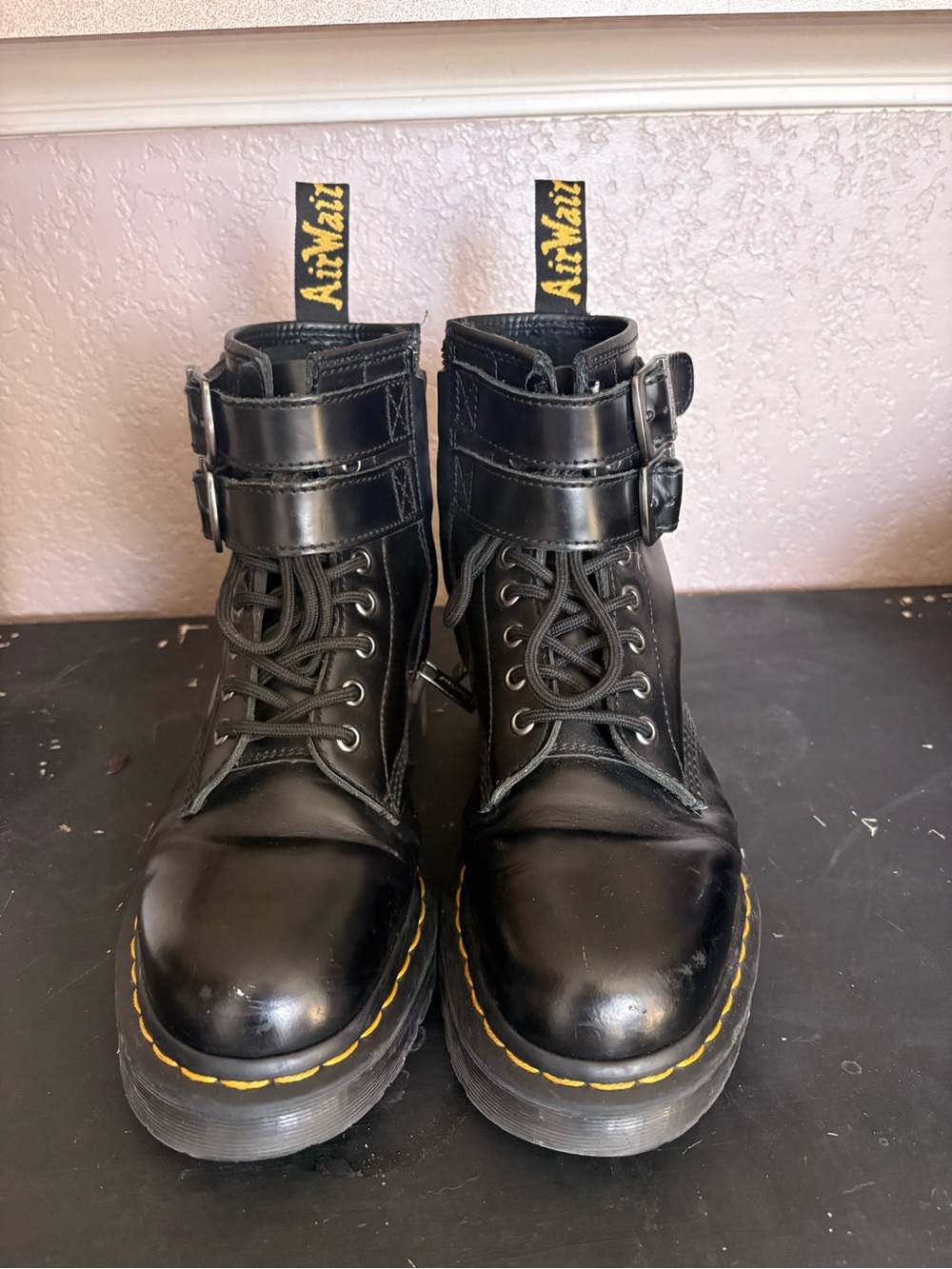 Dr. Martens Black Leather Lace-Up Combat Boots with Dual Buckles